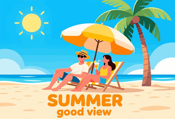 Summer Beach Relaxation: Couple under Palm Tree with Drinks