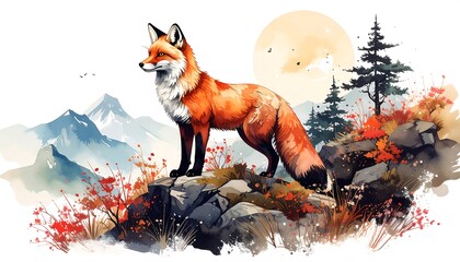 Red fox standing on rocks overlooking mountains and autumnal foliage under a full moon
