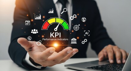 Manager presenting key performance indicators kpis with a gauge and business icons