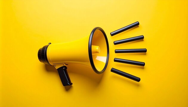 A bright yellow megaphone with black accents sits against a matching yellow backdrop, flanked by cone-shaped attachments. The composition evokes amplification, urgency, and the aesthetics of voice.