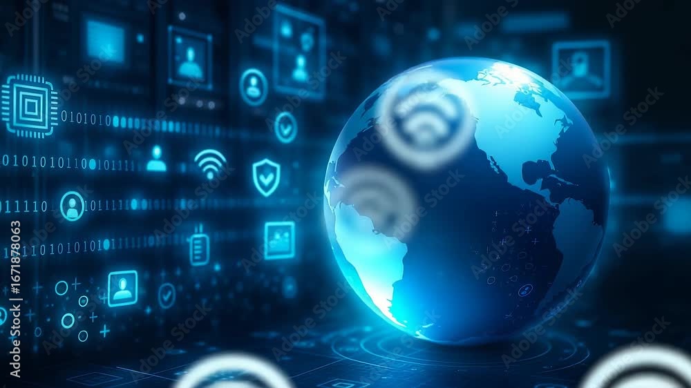 Poster global digital network with data and connectivity icons on earth