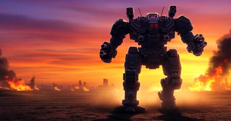 Giant robot stands against a fiery sunset skyline - Powered by Adobe