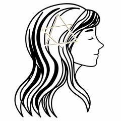 Minimilist outline of a woman with long hair and a star of david symbol on her head in a minimalist style art vector