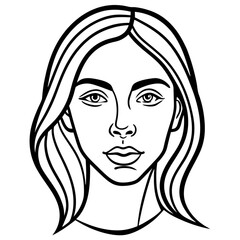Minimilist outline drawing of a woman's face with long hair and detailed facial features in black and white graphic style vector