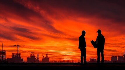 Fototapeta premium Silhouettes of two engineers review blueprints on a construction site. They are framed against a spectacular and dramatic orange sunset symbolizing vision.
