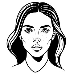 Minimilist illustration of a young woman with long dark hair and freckles in a black and white drawing style vector