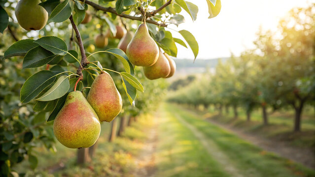 Pear hanging on tree in garden, Pears on tree in natural warm sunlight background