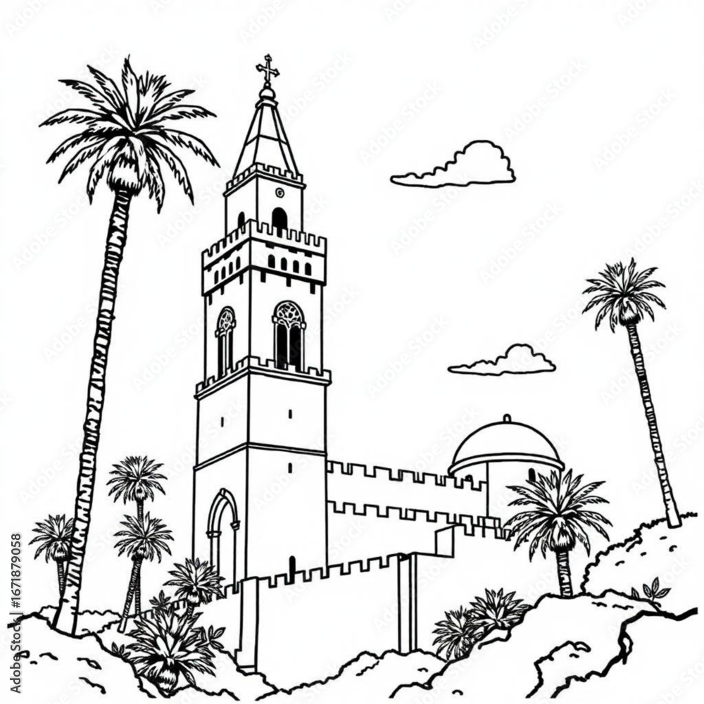 Poster minimilist line art of a tall tower with a cross on top surrounded by palm trees and a domed buildin