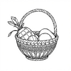 Fototapeta premium Minimilist a hand drawn basket filled with fruit including a pineapple and eggs in black and white line art style vector
