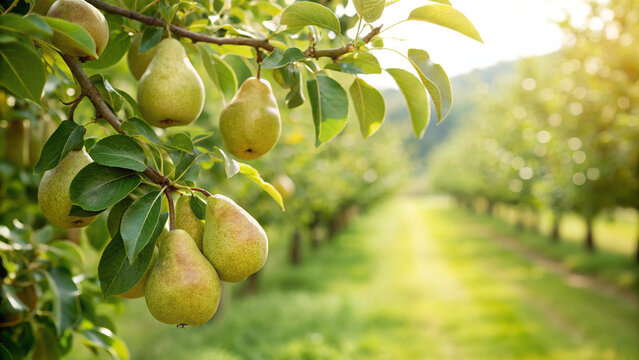 Pears on tree branch in garden, Pear hanging tree in natural warm sunlight background