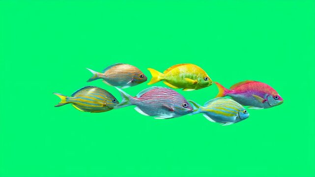 Colorful fish swimming on vibrant green background