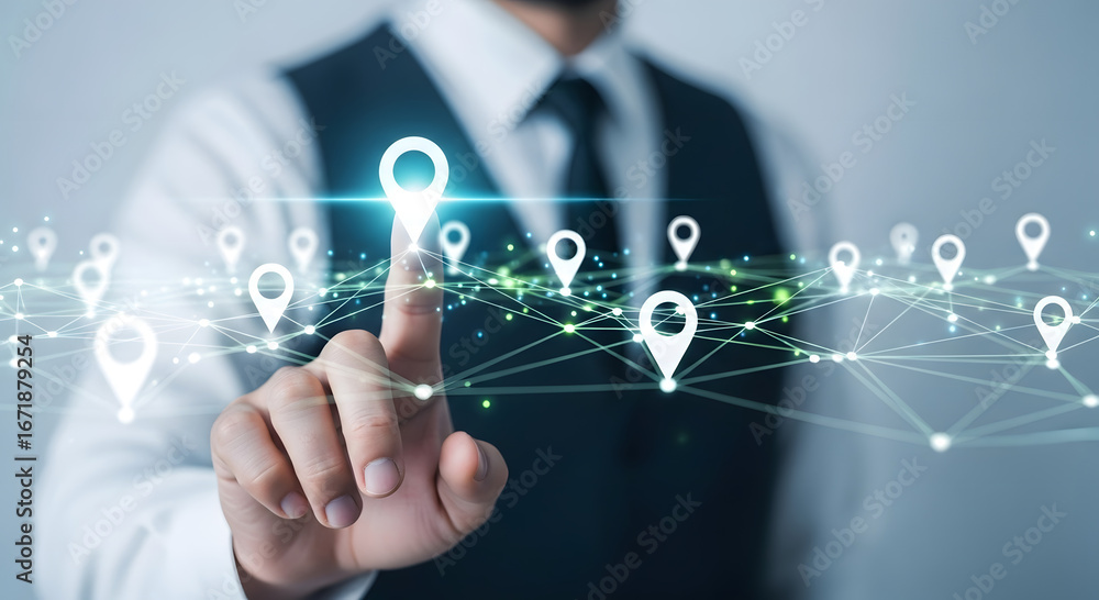 Poster businessman interacting with a digital network of location pointers