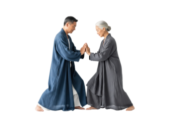 Serene Asian couple in flowing robes performs synchronized Tai Chi on white studio background with copy space, promoting inner peace and harmony