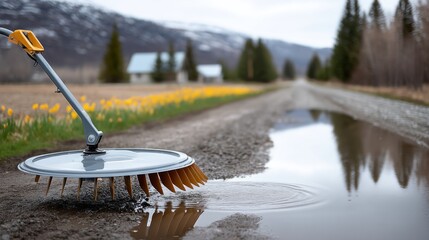 Gray tool clearing puddle on gravel road, yellow flowers