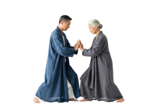Serene Asian couple in flowing robes performs synchronized Tai Chi on white studio background with copy space, promoting inner peace and harmony