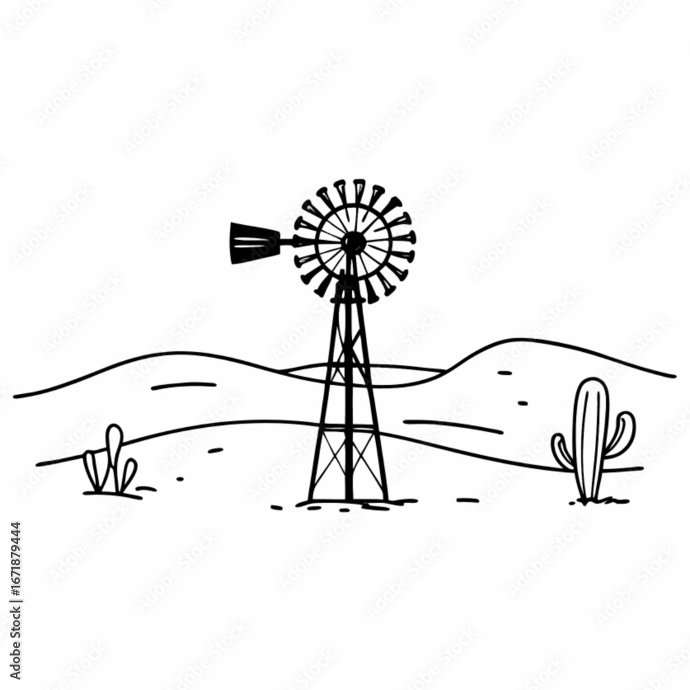Poster Minimilist simple line art of a windmill in a desert landscape with cacti and rolling hills drawn in black and white vector