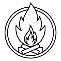 Minimilist illustration of a campfire with logs inside a double lined circle in black and white simple design style vector