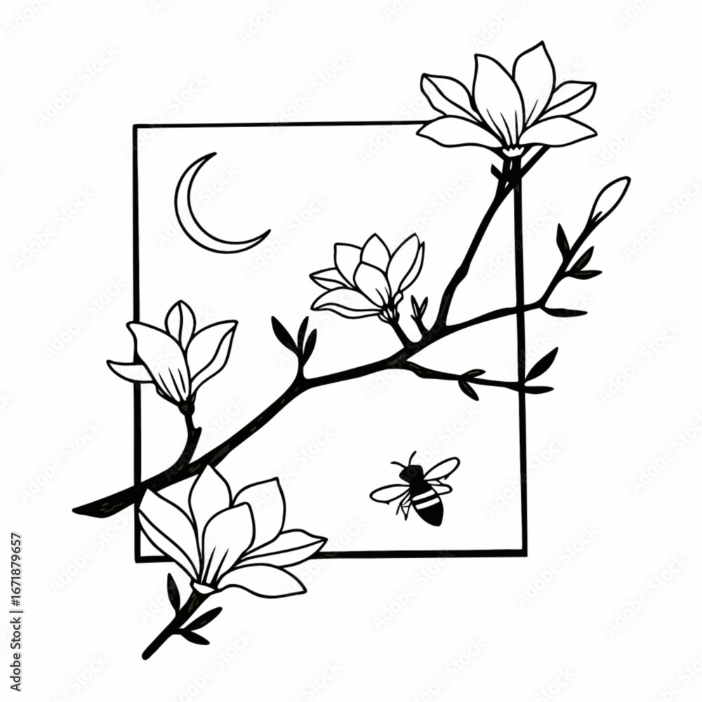 Poster minimilist magnolia blossoms with a bee and crescent moon inside a square frame line art design styl