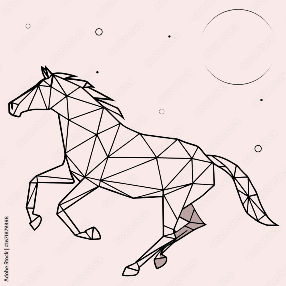 Poster minimilist geometric horse illustration with a running pose and a moon in the background on a light 