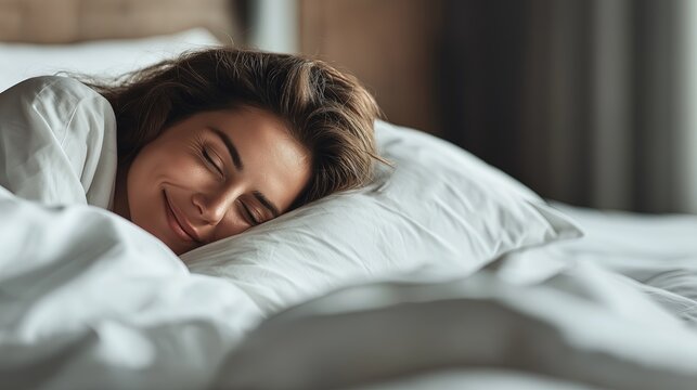 Peaceful woman sleeping in bed with morning light