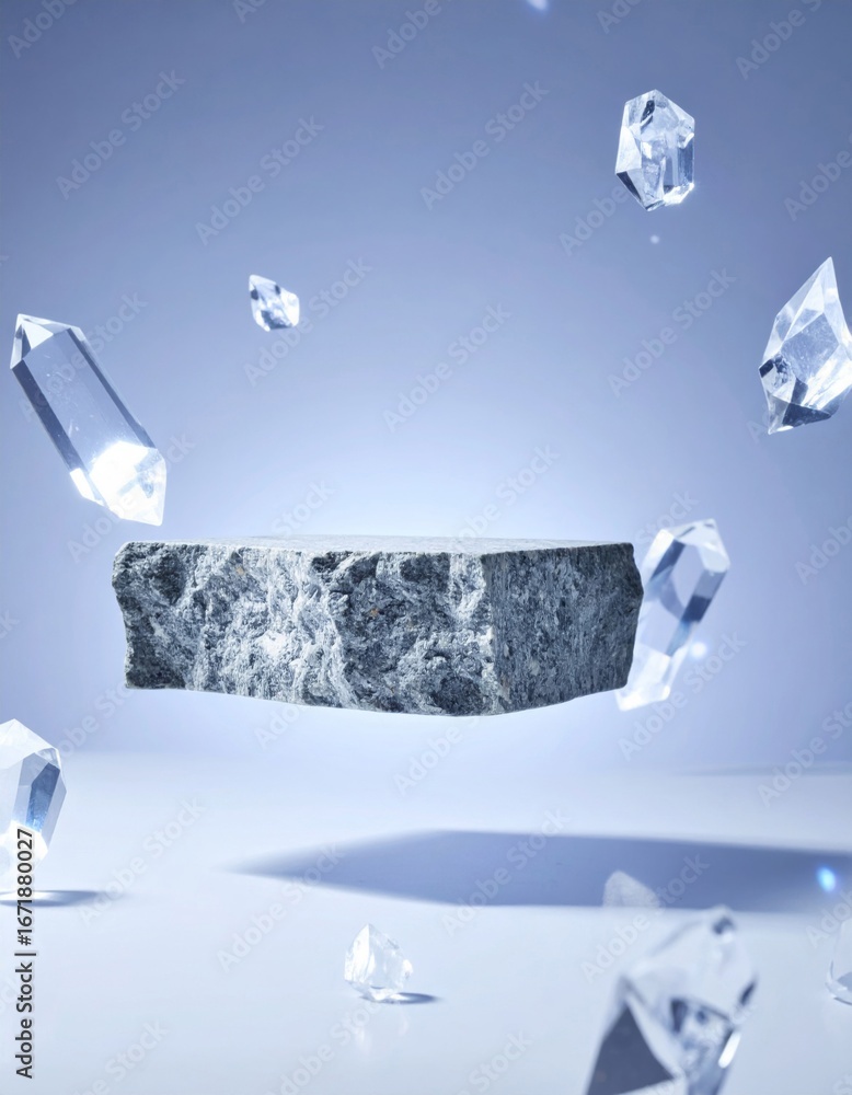 Poster grey stone cube floating with ice crystals on white background product display