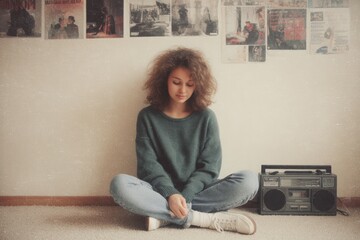 Young woman with curly hair sits cross-legged on carpet, wearing cozy sweater and jeans, next to vintage boombox, surrounded by retro posters, evoking nostalgic lifestyle vibes