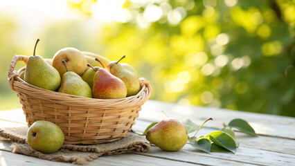 Pears in wicker basket on tiled surface in natural warm sunlight background