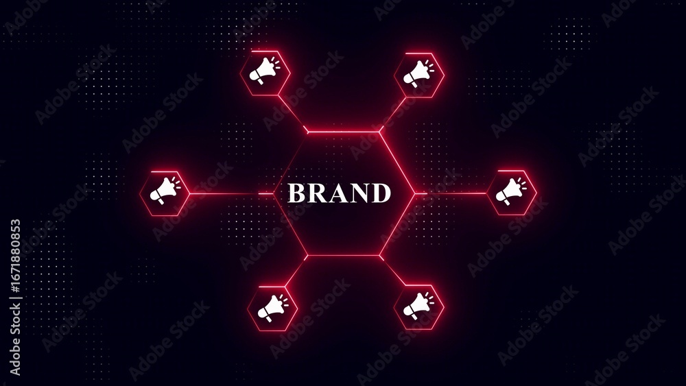 Poster brand building network with megaphone icons connected by neon red lines on dark background branding 