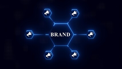 Brand Building Network with Megaphone Icons Connected by Neon Blue Lines on Dark Background branding