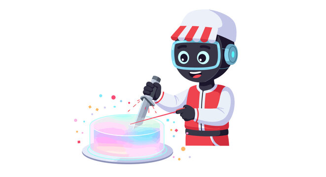 Futuristic chef slicing holographic cake with laser knife