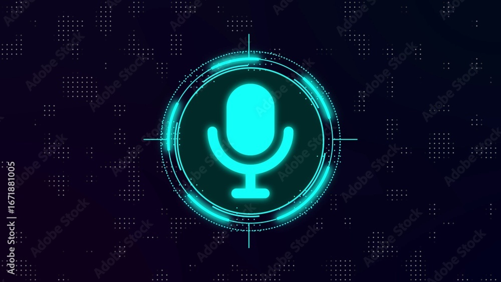 Poster cyan microphone icon in futuristic circular target on dark digital pattern audio sound