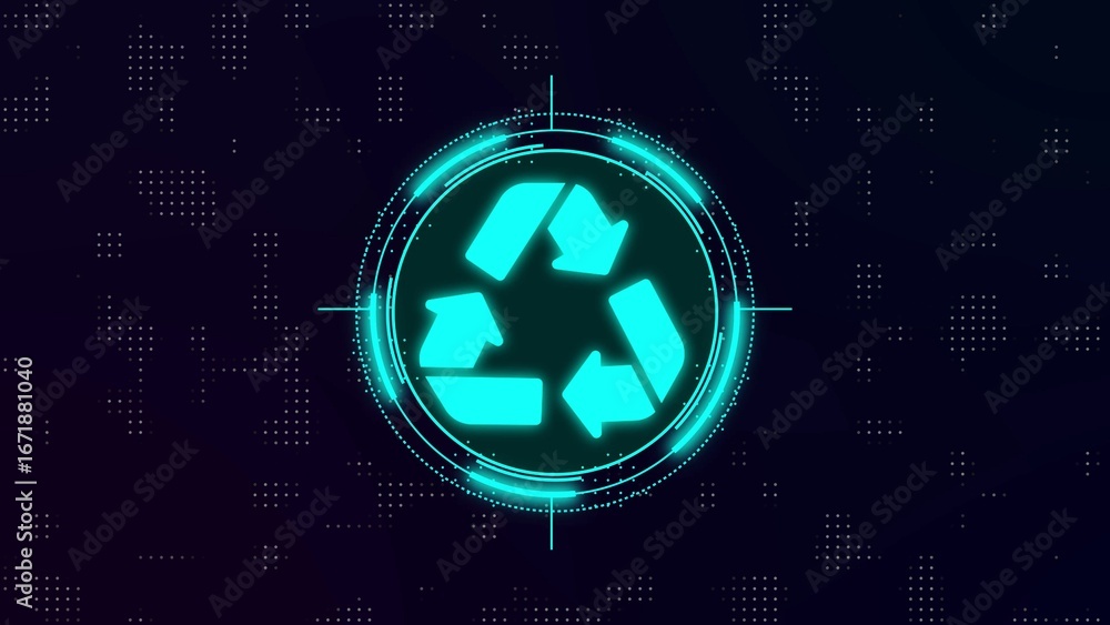Poster cyan recycling symbol icon in futuristic digital targeting reticle with abstract data background rec
