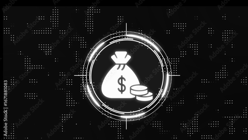 Aufkleber digital futuristic money bag icon with coins targeting reticle and abstract data background dollar s