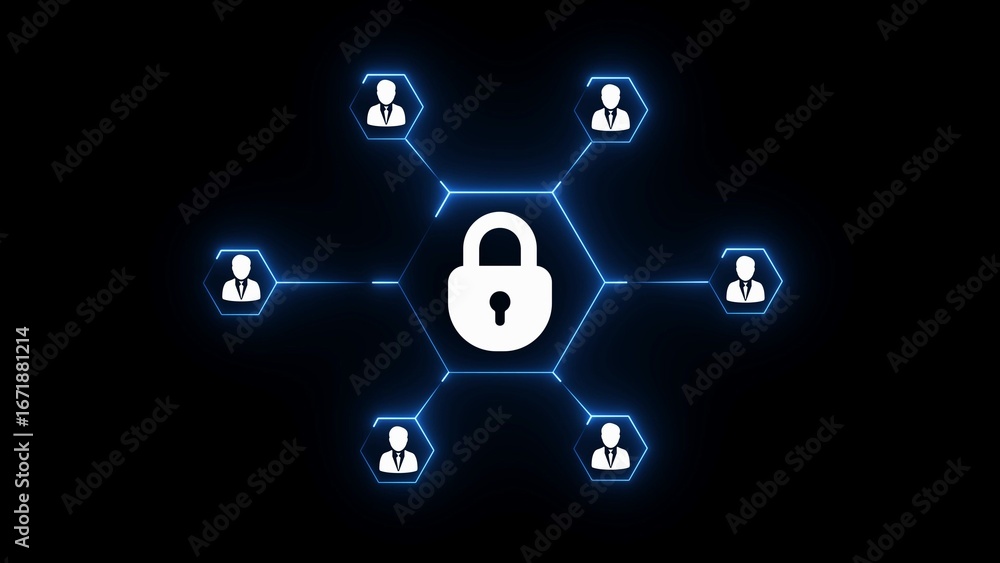 Poster digital network security concept with central lock icon and connected human figures in hexagons tech