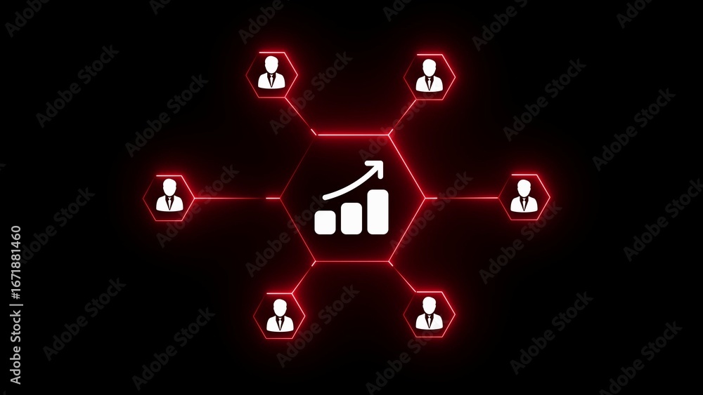Poster glowing red hexagon network connecting business growth chart and people icons graph arrow