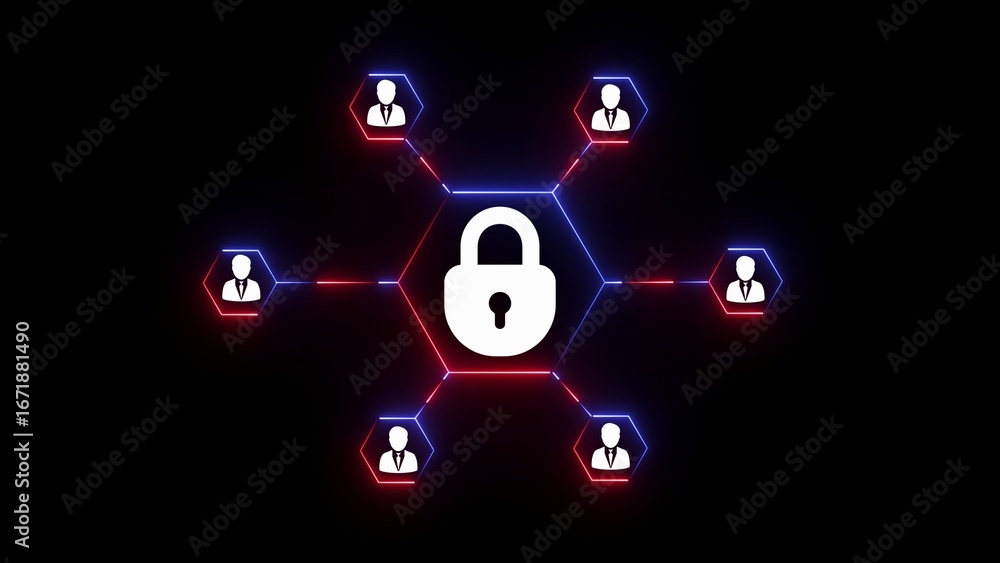 Poster hybrid network security concept with central lock icon and mixed color hexagonal connections digital