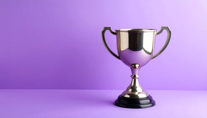 A gleaming metallic trophy with twin handles stands against a solid purple backdrop, its reflective surface and black base evoking triumph, recognition, and the quiet weight of achievement.