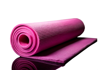 A rolled up pink yoga mat with a textured surface is lying on a dark surface in a studio setting isolated on white background ,PNG. AI Generated.