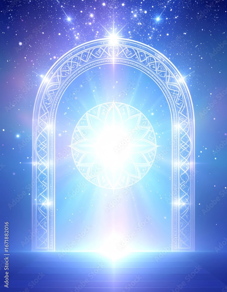 Poster glowing celestial portal with starry background and illuminating light display