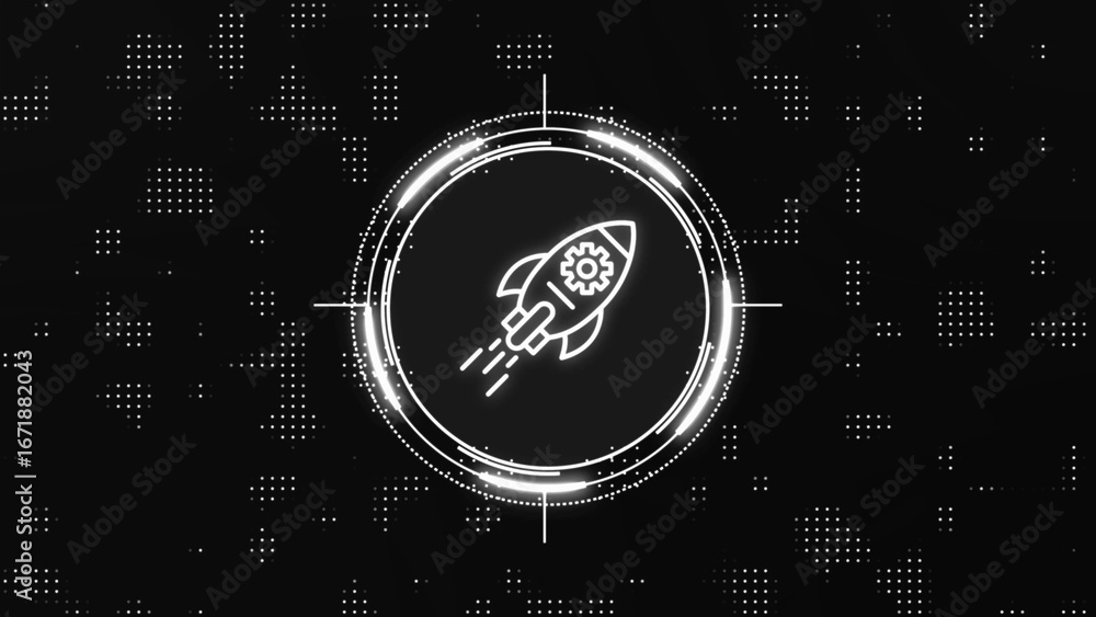 Poster white rocket ship icon with gear detail in hud targeting reticle on abstract particle background lau