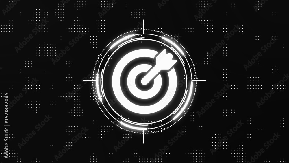 Poster white target with arrow icon inside a circular target reticle on a dark digital background with scat