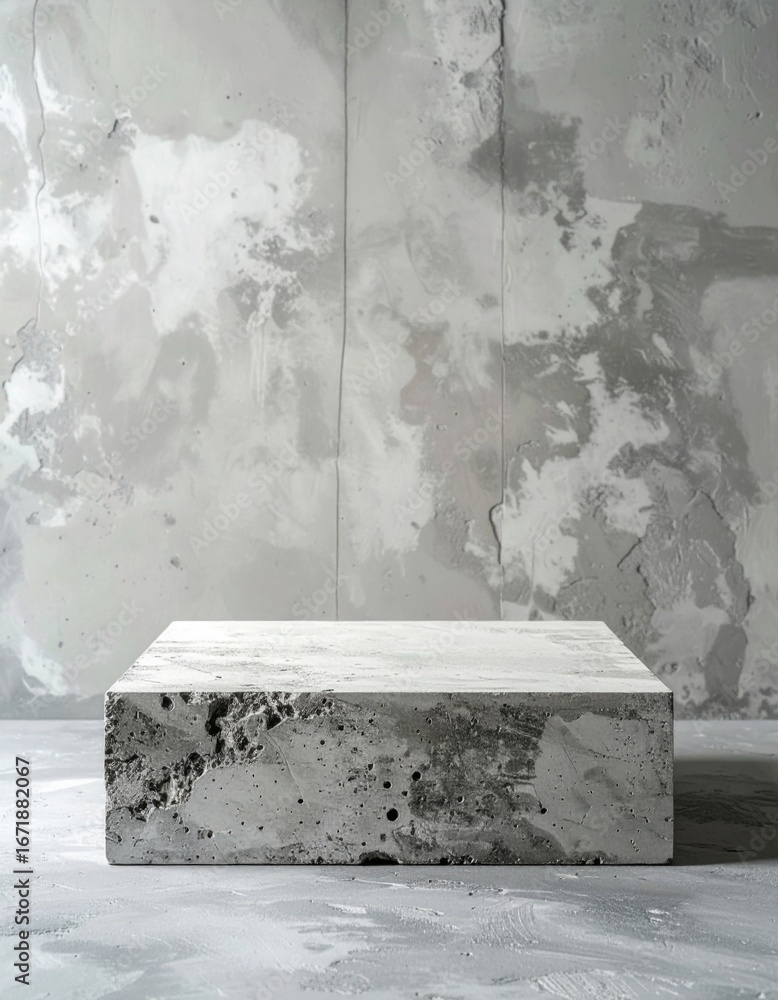 Poster concrete block on mottled gray surface in minimalist composition with soft light