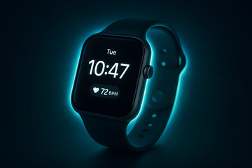 Futuristic smartwatch glowing in neon blue with health tracking interface and elegant modern wristband design