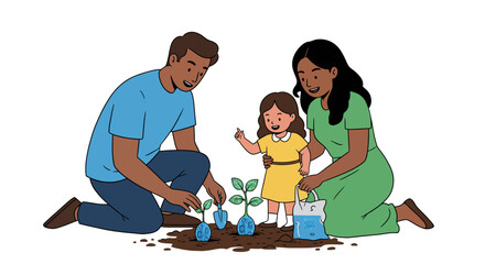 Family gardening together: parents and child bonding with plants in a flat design
