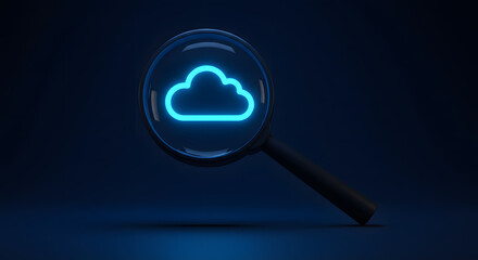 Magnifying Glass with Neon Cloud Symbol – Sleek Minimalist Scene with Glowing Blue Cloud and Digital Atmosphere