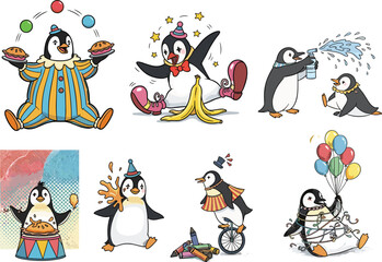 Cartoon penguins in circus acts, juggling, unicycling, spraying water, holding balloons, playful costumes, humorous animal illustration, colorful comedy scene, fun art