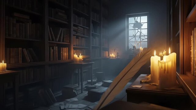 Flickering candlelight reveals the forgotten secrets and ancient knowledge within a mysterious, dusty old library