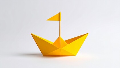 A yellow origami paper boat with a central mast and tiny flag sits against a plain white background. Its crisp folds and geometric symmetry highlight the elegance of handcrafted paper art.