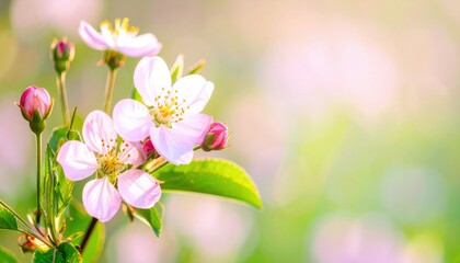 Obraz premium delicate pink flowers and buds in full bloom, set against a soft, blurred background creating a sense of spring and tranquility