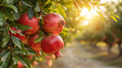 Pomegranate hanging tree in garden, Pomegranate tree in natural warm sunlight background